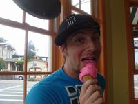 Joseph eating a very un-natural color of ice-cream.